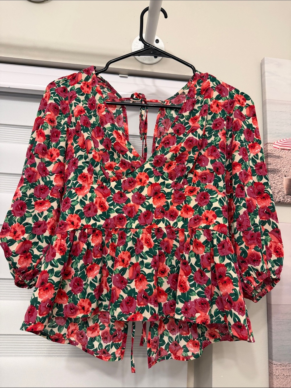 Nasty Gal Floral V-Neck Peplum Blouse - Red, Green, Cream